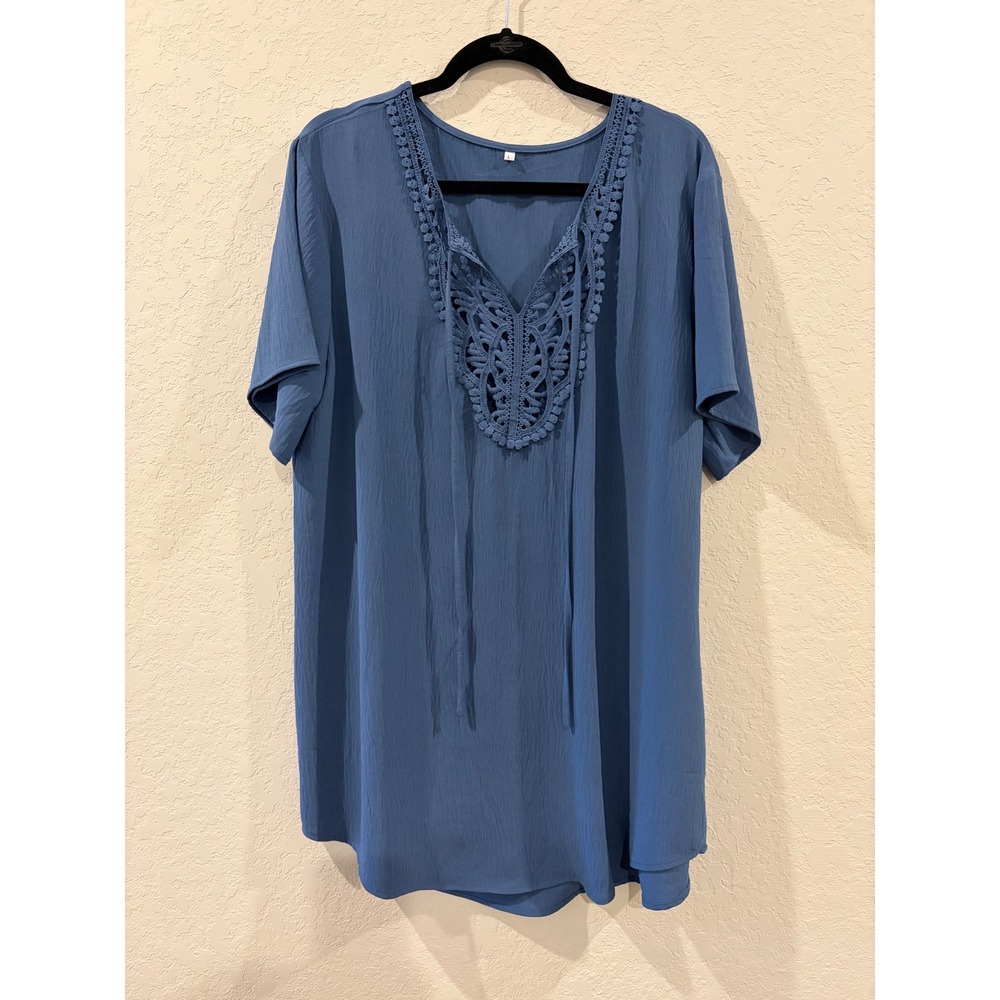 Blue Crochet Lace Neck Short Sleeve Boho Rayon Swim Cover Up
